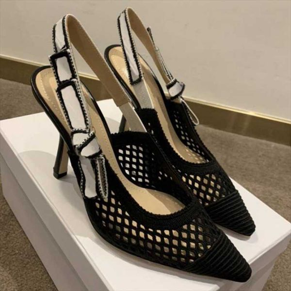 

sandals pointed toe webbing slingback mesh hollow stiletto retro style women's shoes rattan check pattern ladies, Black