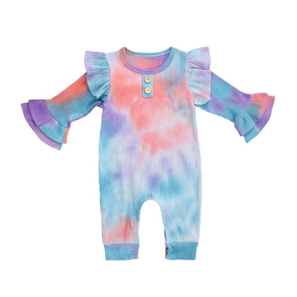 

baby spring autumn clothing ribbed romper tie-dye round neck playsuits flare ruffled long flounced sleeve jumpsuit girls boys, Blue