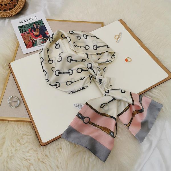 

scarves autumn and winter ins long strip14*145cm small silk scarf female artificial professional gift customization, Blue;gray