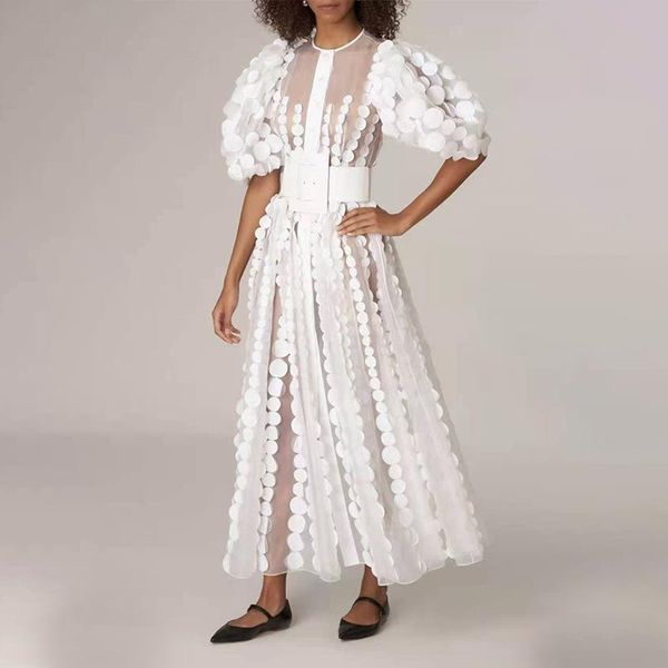 

casual dresses 2021 winter fashionable elegant bubble sleeve round neck lace stitching tied waist-tight long dress for women, Black;gray