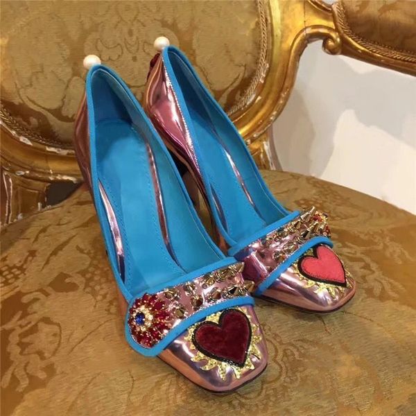 

70% off factory online spring and autumn new leather contrast rivets peach heart round head tassel high heeled shoes cow large size shallow, Black