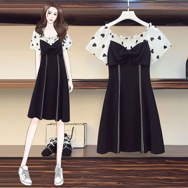 

fat sister one line off shoulder 2020 summer new large women's dress cover belly and waist reduce age french style show thin, Black;gray