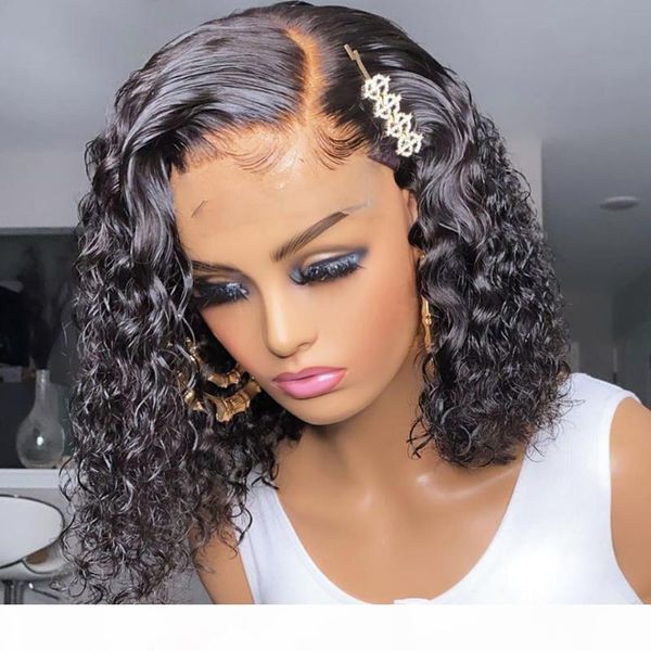 

13x4 lace front human hair wigs for black women 200% short bob curly plucked remy brazilian hairline bleached knots slove hair, Black;brown