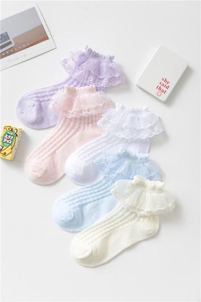 

socks girl lace cotton solid color breathable mesh children school student princess dressing stage size 21-36, Pink;yellow