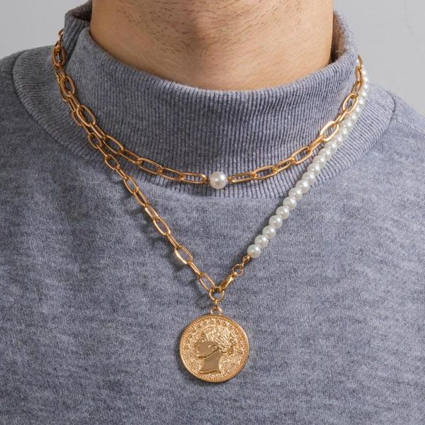 

pendant necklaces lacteo vintage virgin mary statue carved coin necklace for women hip hop double layered pearl chain choker, Silver