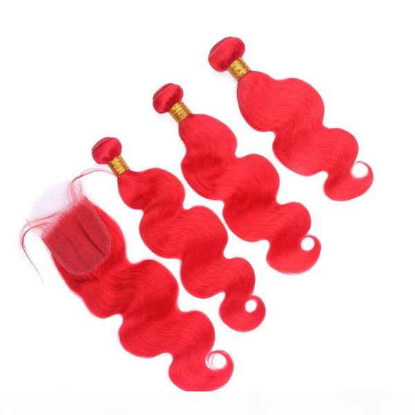 

peruvian human hair pure red weaves 3bundles with 4x4 lace front closure pure red virgin hair weft extensions body wave with closure, Black;brown