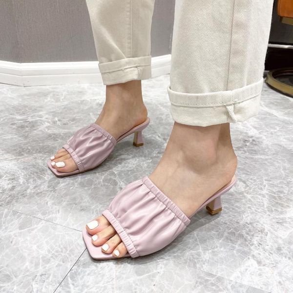 

slippers women sandals 2021 summer fashion slipper fine heel pleated slides sandal square open toe pumps for female, Black