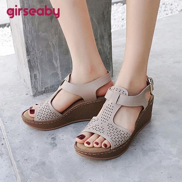 

sandals girseaby 2021 women open toe 6.5cm wedge heels buckle classic soft breathable non-slip big size 36-42 casual s2161, Black