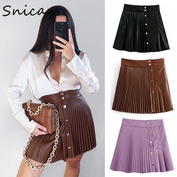 

snican solid pu leather skirt high waist buttons mini pleated skirt asymmetrical fashion faldas cortas za women autumn 210303, Black