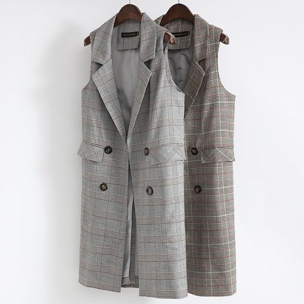 

women's vests spring autumn women long plaid suit vest 2021 plus size cardigan sleeveless jacket female, Black;white