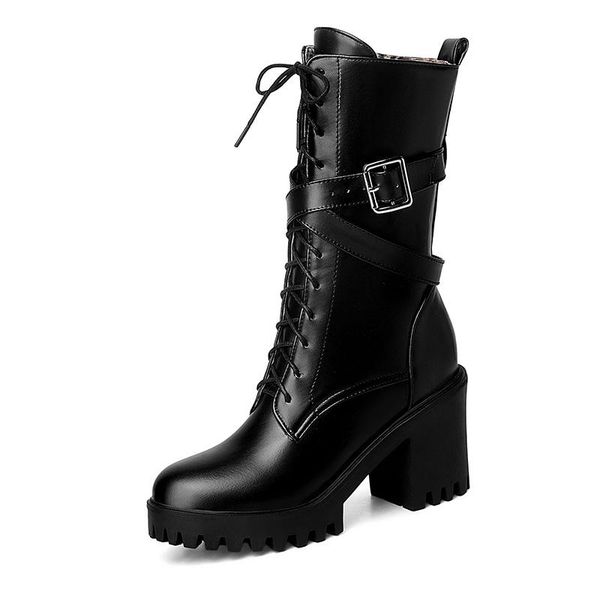 

women mid-calf boots round toe thick high heel platform shoes soft leather punk female motorcycle boots plus size 34-43, Black