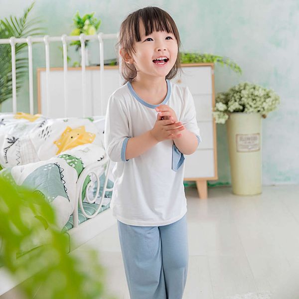 

children's 2020 summer thin household clothes modal boys' and girls' pajamas two piece soft cotton suit, Blue;red