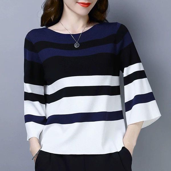 

women's polos ice silk knitted stripe t-shirt seven-point sleeve korean o-neck t shirt loose slim flare tee, White