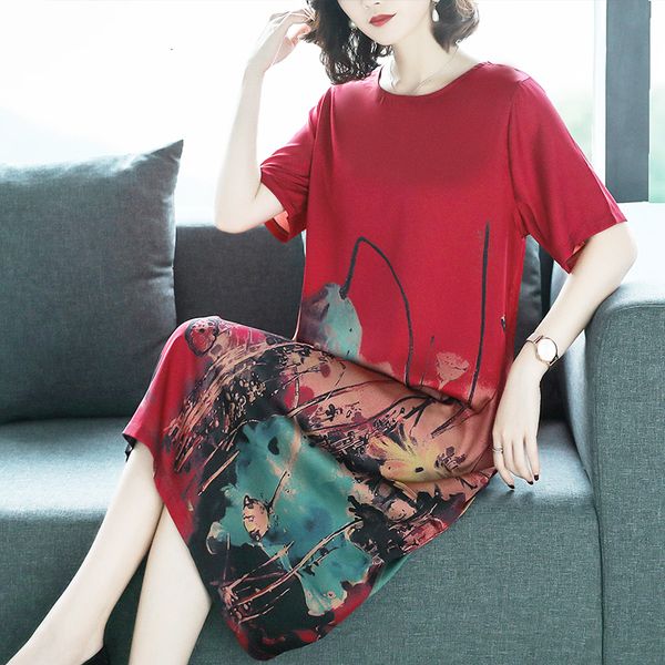 

2021 plus printng women's short sleeve colour spring summer new imitation silk midi length l 4xl f76n, Black;gray