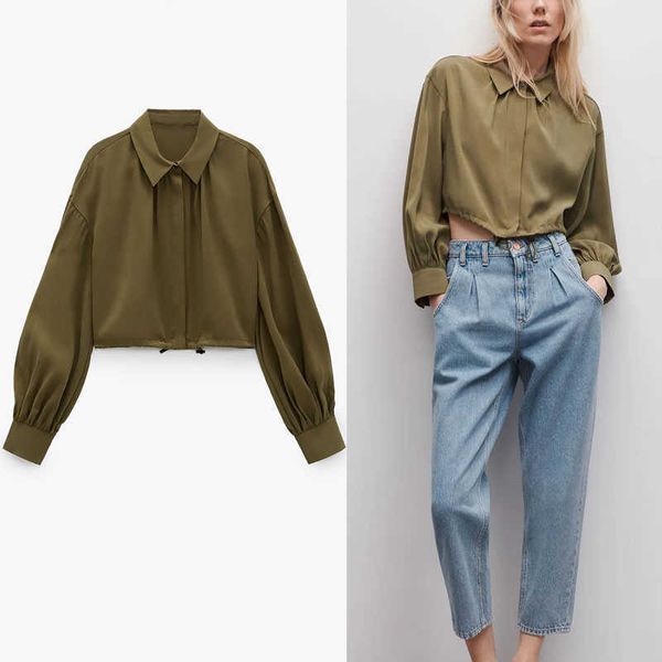 

za green cropped shirt women long sleeve elastic drawstring hem vintage shirts woman chic front button flowy spring 210602, White