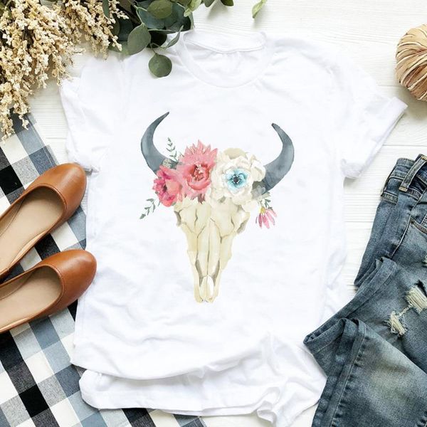 

women lady floral skull heifer cow vintage animal print ladies t tee tshirt womens shirt clothes female graphic t-shirt, White