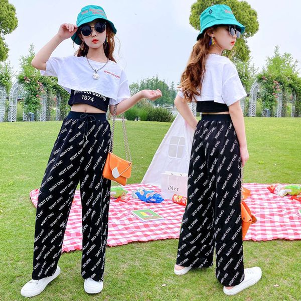 

girls' 7 net red casual suit clothes children's wear 2021 summer new 9 korean vest short sleeve t wide leg pants, White
