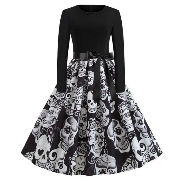 

casual dresses halloween skeleton print long sleeve dress skull bow tie belt round neck street party vintage, Black;gray