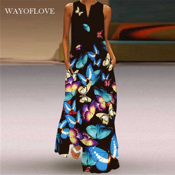 WayOfLove vestido azul elegante plus size vestidos longos verão mulher sem mangas menina praia Maxi Dres 210602