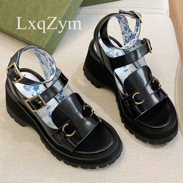 

sandals luxury high end fashion design platform women slides real leather heel ankle strap summer peep-toe slippers, Black