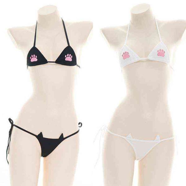 

nxy set bikini cat paw embroidered underwear micro exotic lingerie suit lolita maid cosplay kawaii bra and panty 1223, Red;black