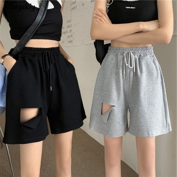 

women's shorts plus size m-4xl hole women drawstring high waist wide-leg knee-length trousers students bf leisure baggy ulzzang outwear, White;black