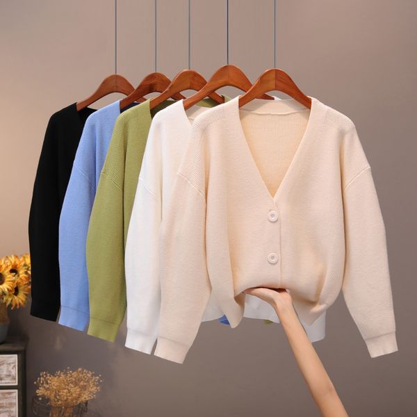 

bygouby solid knit cardigans sweater women v neck loose pull sweater with pocket autumn winter thicken open cardigan jacket coat 210218, White;black