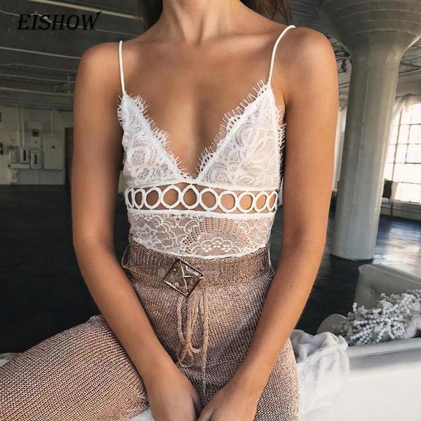 

women's jumpsuits & rompers eishow 2021 lace deep v neck bodysuits patchwork hole hollow out mesh women see through crochet bodycon, Black;white