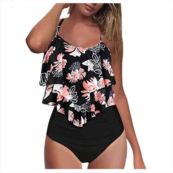 

push up swimwear women high waist bikini sets plus size ruffle tankini swimsuit two piece bikini set shorts split bikin, White;black