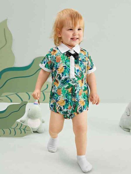 

baby fruit & tropical print bow front polo neck bodysuit she, Blue