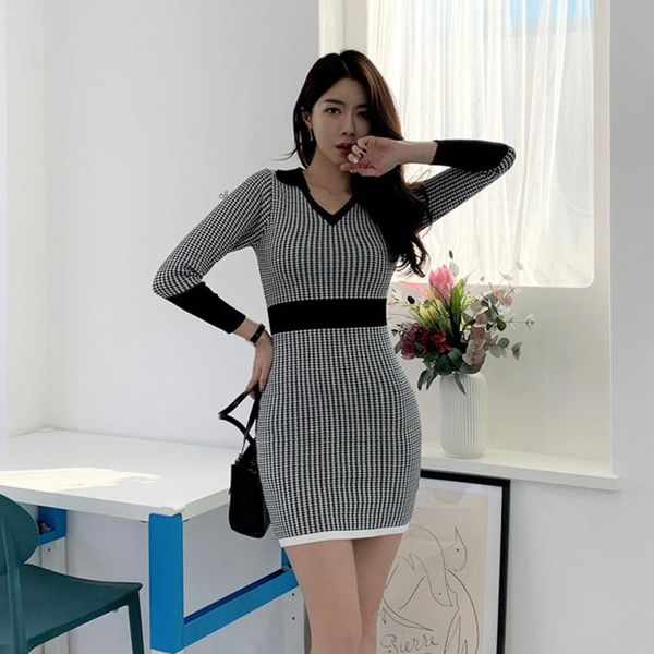

winter stripe knitting one piece korean ladies long sleeve v neck caual club warm party mini dress for women clothing, Black;gray