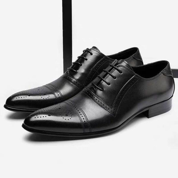 

mens dress oxfords shoes real leather wing tip brogue hand polishing pointed toe wedding formal business for men g1111, Black