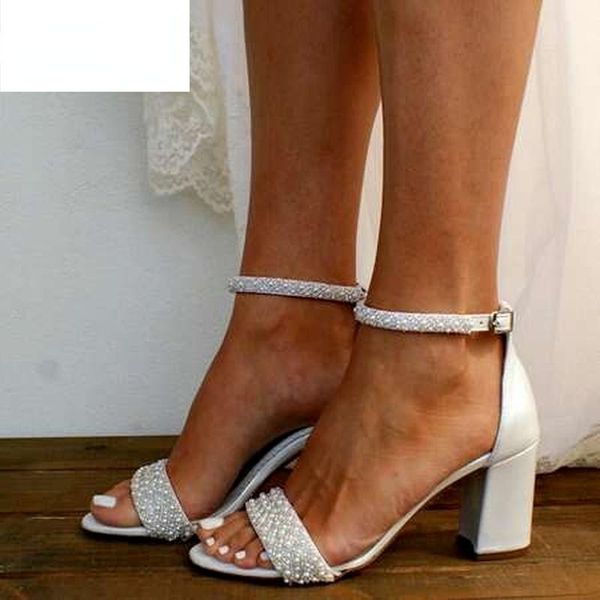 Sandálias verão salto alto feminino pérolas de luxo nupcial sapatos de casamento sexy dedo do pé aberto tira no tornozelo senhoras festa mulher