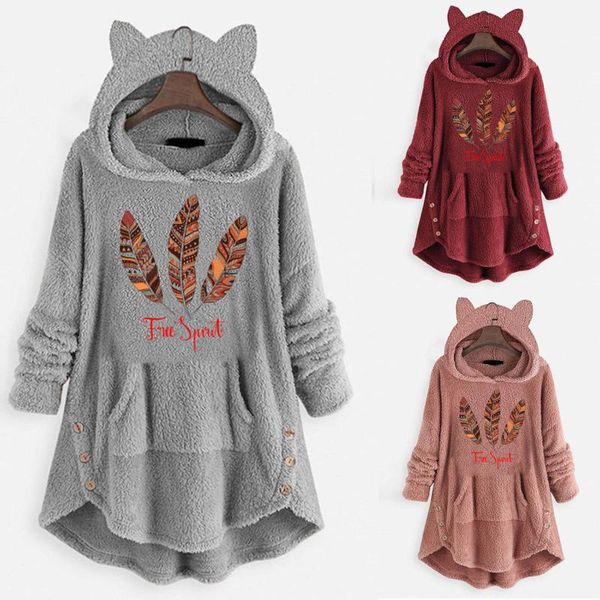

women's hoodies & sweatshirts fashion women winter warm patchwork tree spilit printed jackets irregular plush hooded coat pullover top, Black