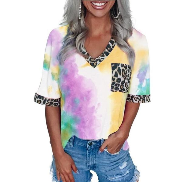 

women's t-shirt women casual tie-dye t shirt summer leopard patchwork v neck short sleeve t-shirts female colorful printed, White