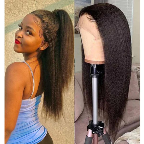 

synthetic wigs black yaki straight wig for women heat resistant fiber hair part lace front