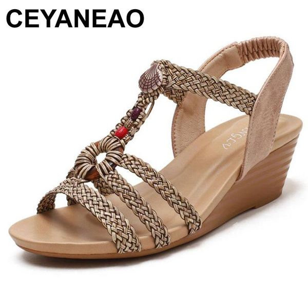 

ceyaneao round head women sandals summer ladies comfortable wedges sandals female soft sole shoes bohemian ethnic roman shoes, Black