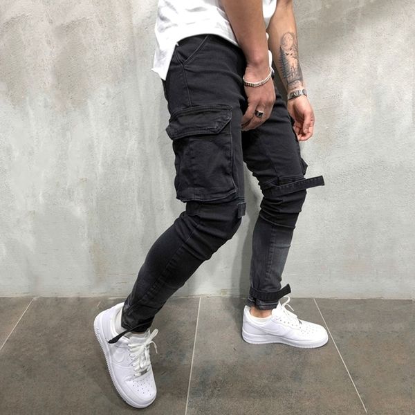 Erkek Siyah Renk Streetwear Yağma Kot Pantolon T200614 için OLOME Yepyeni Erkekler Çok cep Biker Jeans Erkek İnce Kargo Joggers Pantolon