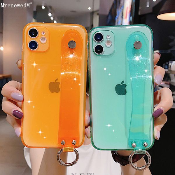 

cute fluorescent glitter wrist strap phone case for iphone 11 12 mini max pro x xr 7 8 plus se2 soft transparent cover with ring