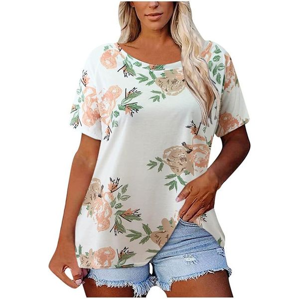 

women's blouses & shirts plus size blouse floral graphic o-neck tees short sleeve tunics women 2021 sleeves blusas, White