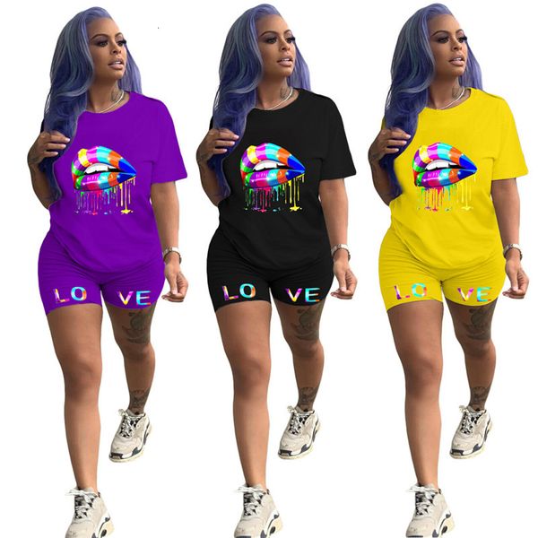 

2021 new fashion women suit high-quality loose breathable casual lips printed shirt tights love two-piece sets wholesale dropshpping j832, Black