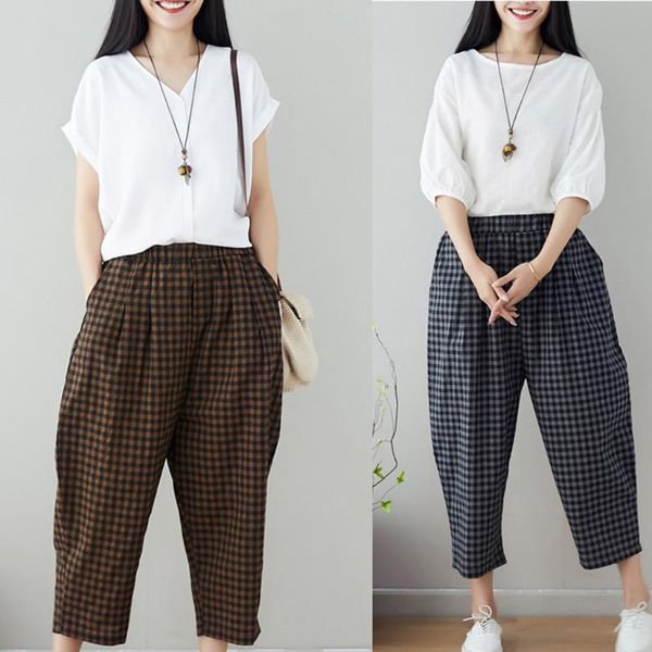 

women's pants & capris summer striped style black loose high waist crop casual women  plaid wide-leg plus w0710, Black;white