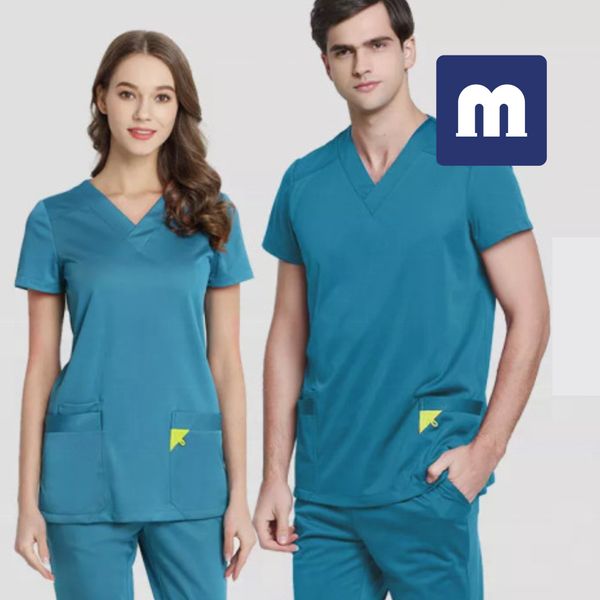 Medigo-075 kadın İki Parçalı Pantolon Kadın Scrubs Tops + Pantolon Erkekler Hastanesi Üniforma Cerrahisi Scrubs Gömlek Kısa Kollu Hemşire Üniforma Pet Gri'nin Anatomi Doktor İş Giyim