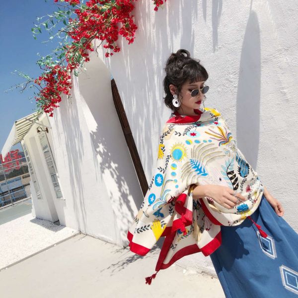 

ethnic style printing autumn and winter new tassel extended women's travel sunscreen silk scarf dual purpose shawl neck, Blue;black