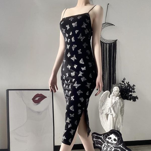 

casual dresses summer woman gothic dress vintage splice black long y2k harajuku punk backless butterful print party club 2021, Black;gray