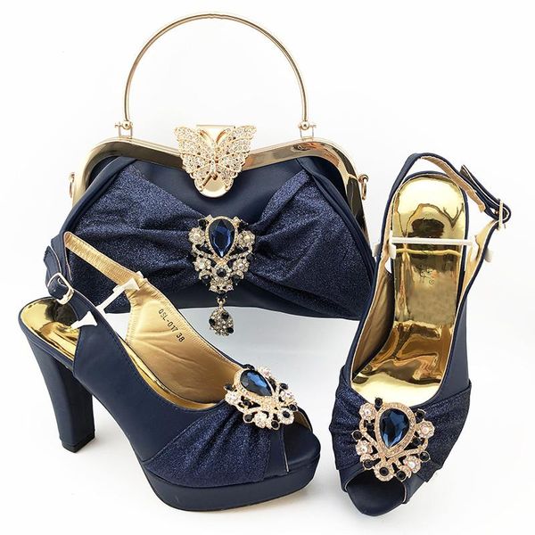 Alta série D.Blue Mulheres Bombas Match Bolsa Set com Decoração de Cristal Sapatos de Vestido de Salto Alto Africano e Saco QSL017, Calcanhar 11cm