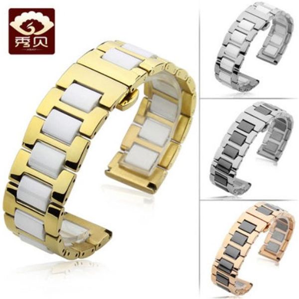 

watch bands fashion model ceramic with steel watchband gold black cent link bracelet push-button clasp 14mm 16mm 18mm 20mm 22m stock, Black;brown