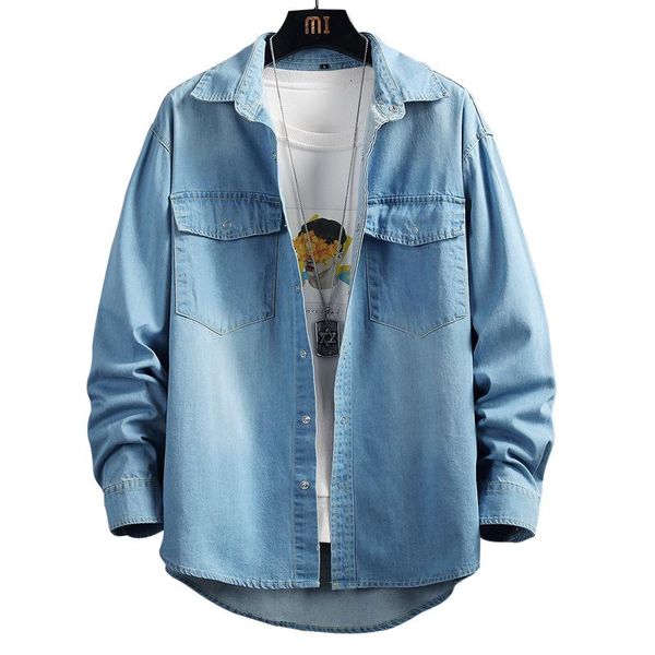 

men's casual shirts loose spring autumn single-breasted denim shirt classic long sleeve pockets jean blouse blue black, White;black