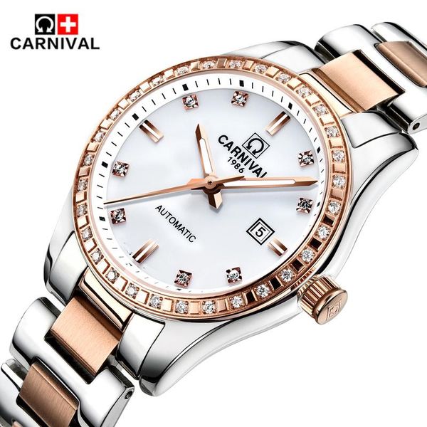 

wristwatches carnival automatic mechanical watches diamond watch women waterproof ladies wristwatch clock relogio feminino, Slivery;brown