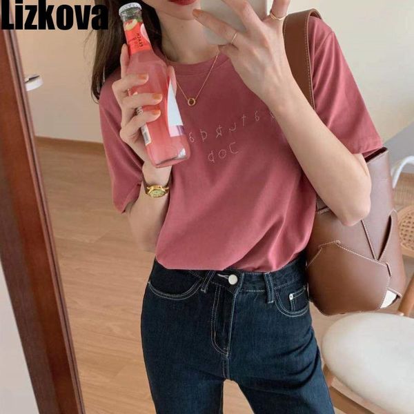 

women's t-shirt lizkova summer embroidery t shirt women korean fashion letter oversized 2021 o-neck short sleeve casual camisetas, White